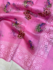Pure Organza Digital Print with Chikankari Handloom Banarasi Saree - The Handlooms
