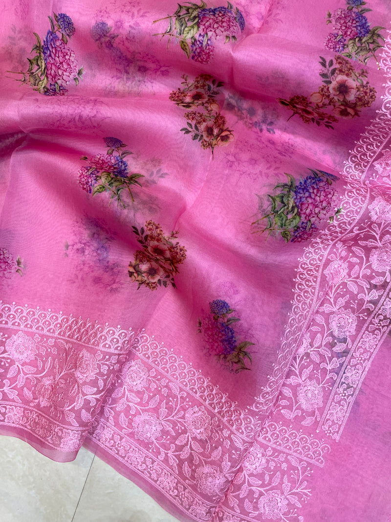Pure Organza Digital Print with Chikankari Handloom Banarasi Saree - The Handlooms