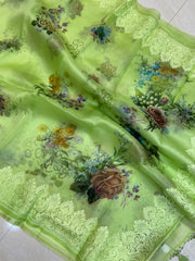 Pure Organza Chikankari Handloom Banarasi Saree with digital print - The Handlooms