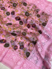 Pure Organza Digital Print with Chikankari Handloom Banarasi Saree - The Handlooms