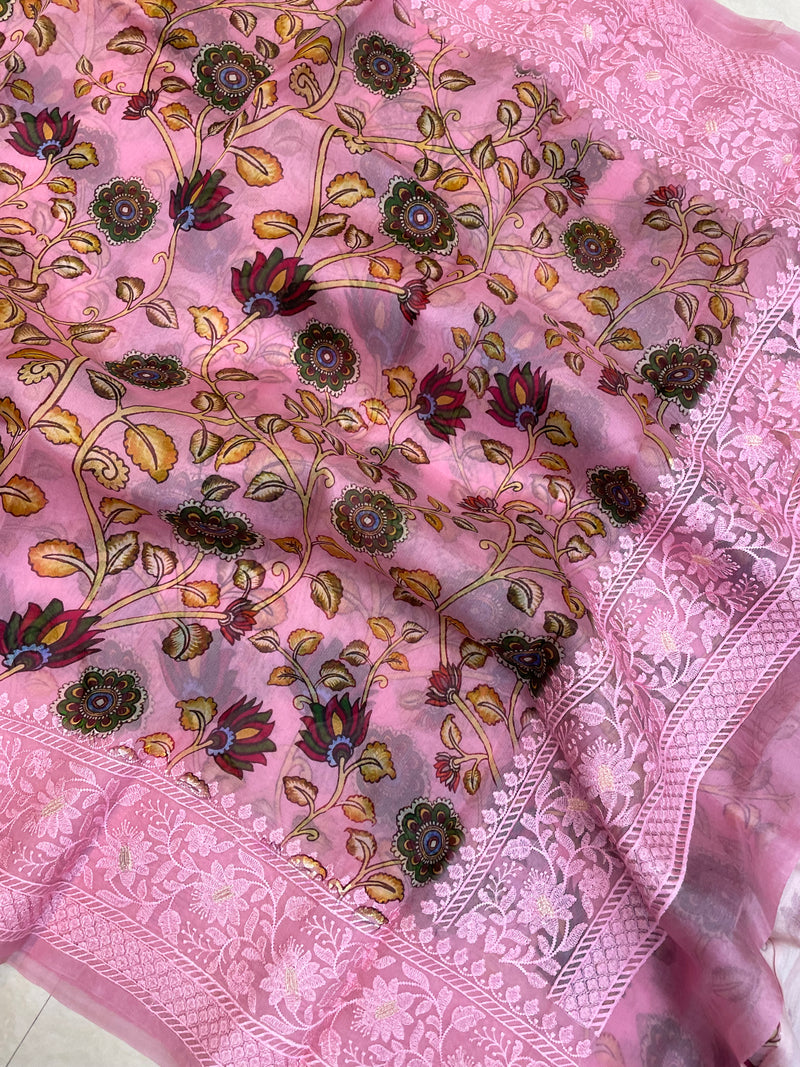 Pure Organza Digital Print with Chikankari Handloom Banarasi Saree - The Handlooms