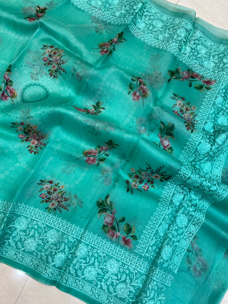 Pure Organza Digital Print with Chikankari Handloom Banarasi Saree - The Handlooms