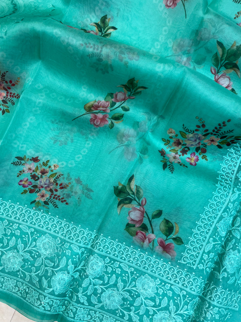 Pure Organza Digital Print with Chikankari Handloom Banarasi Saree - The Handlooms