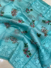 Pure Organza Digital Print with Chikankari Handloom Banarasi Saree - The Handlooms