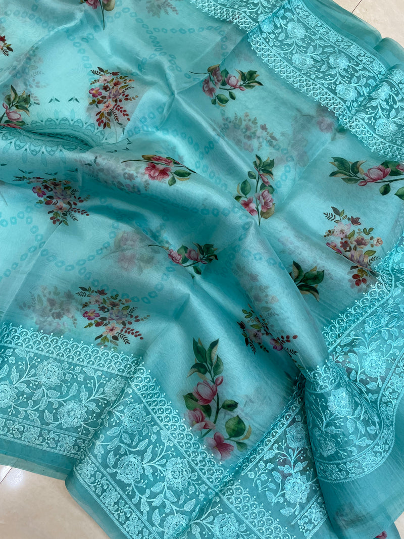 Pure Organza Digital Print with Chikankari Handloom Banarasi Saree - The Handlooms