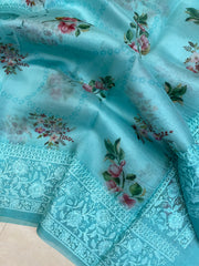 Pure Organza Digital Print with Chikankari Handloom Banarasi Saree - The Handlooms