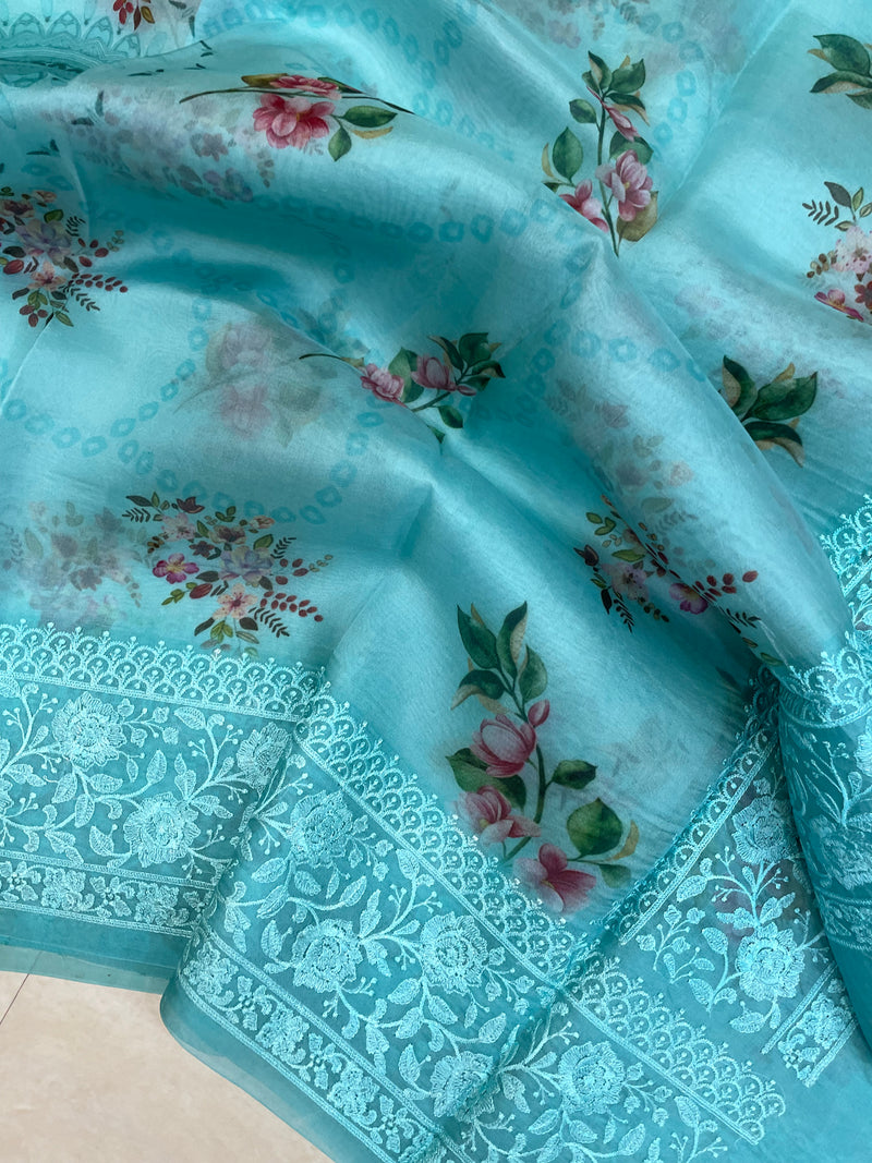 Pure Organza Digital Print with Chikankari Handloom Banarasi Saree - The Handlooms