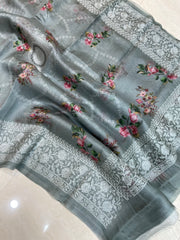 Pure Organza Digital Print with Chikankari Handloom Banarasi Saree - The Handlooms