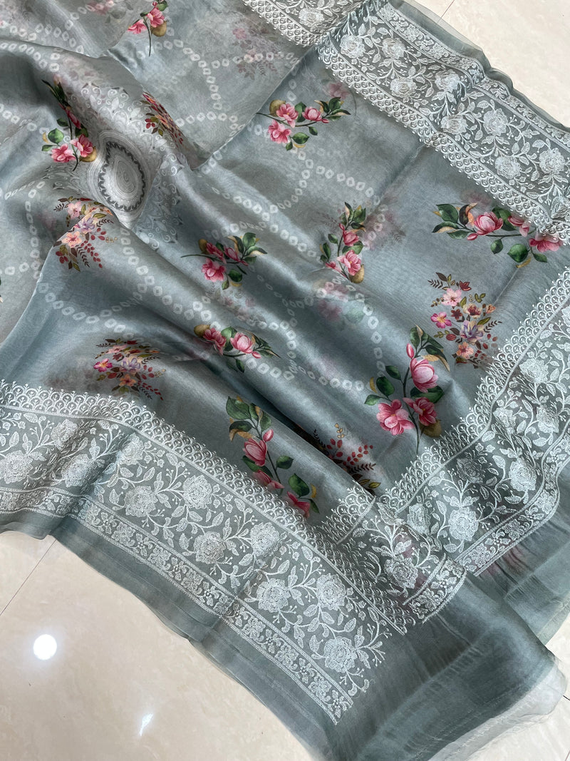 Pure Organza Digital Print with Chikankari Handloom Banarasi Saree - The Handlooms