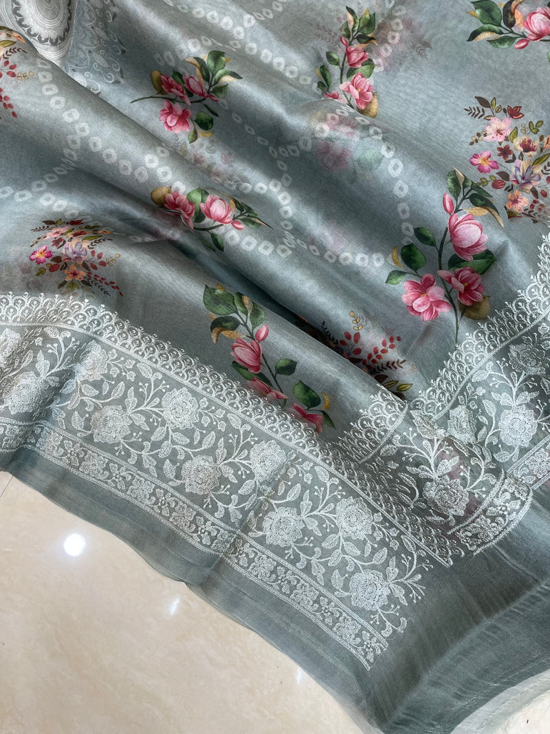 Pure Organza Digital Print with Chikankari Handloom Banarasi Saree - The Handlooms