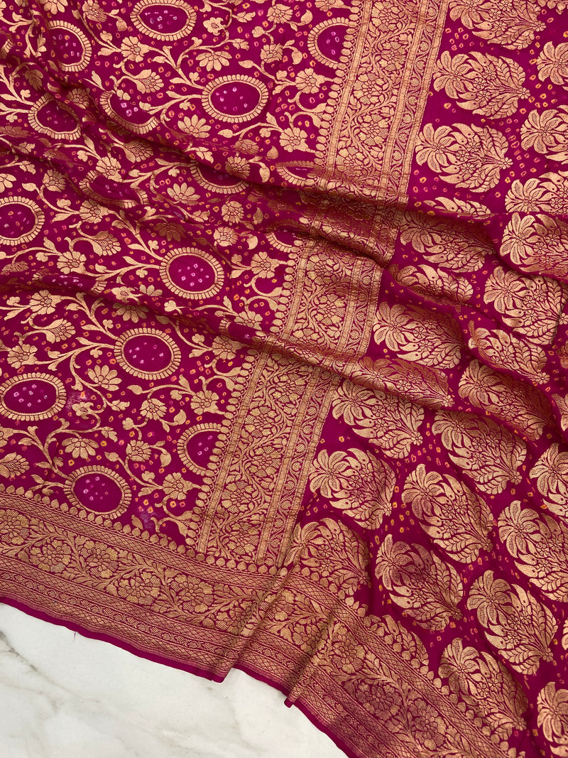 Pure Georgette Banarasi Bandhej Handloom Saree - The Handlooms