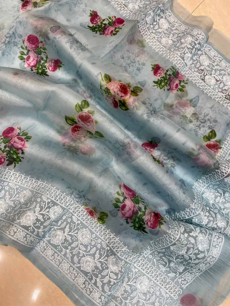 Pure Organza Digital Print with Chikankari Handloom Banarasi Saree - The Handlooms