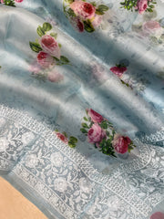 Pure Organza Digital Print with Chikankari Handloom Banarasi Saree - The Handlooms