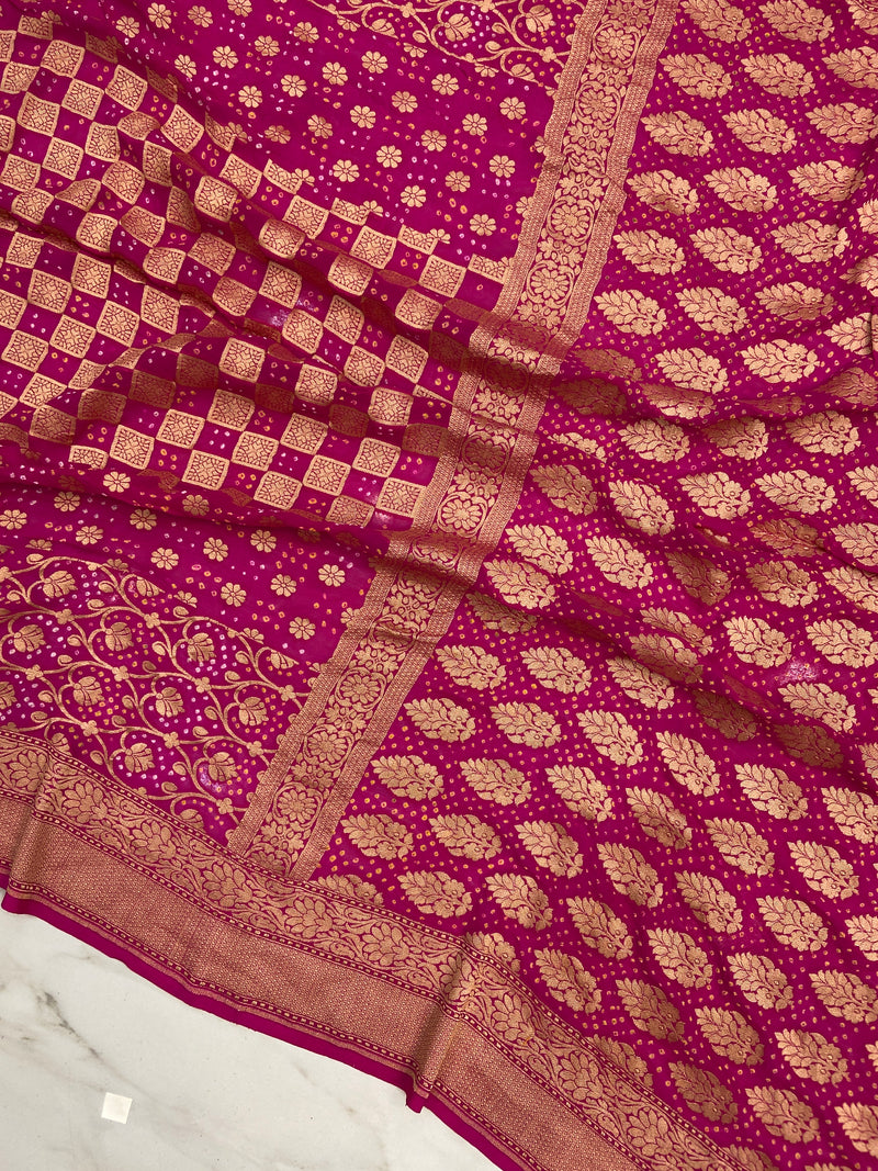 Pure Georgette Banarasi Bandhej Handloom Saree - The Handlooms