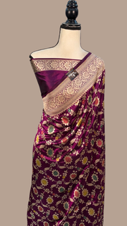 Dark Purple Pure Katan Silk Banarasi Handloom Saree - All over Jaal work with meenakari - The Handlooms