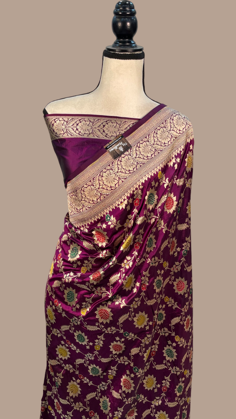 Dark Purple Pure Katan Silk Banarasi Handloom Saree - All over Jaal work with meenakari - The Handlooms
