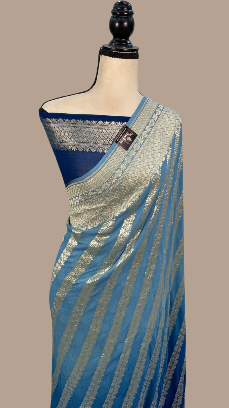 Blue Shaded Khaddi Georgette Handloom Banarasi Saree - The Handlooms