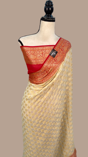 Off-white with Red Pure Chiffon Khaddi Banarasi Saree - The Handlooms