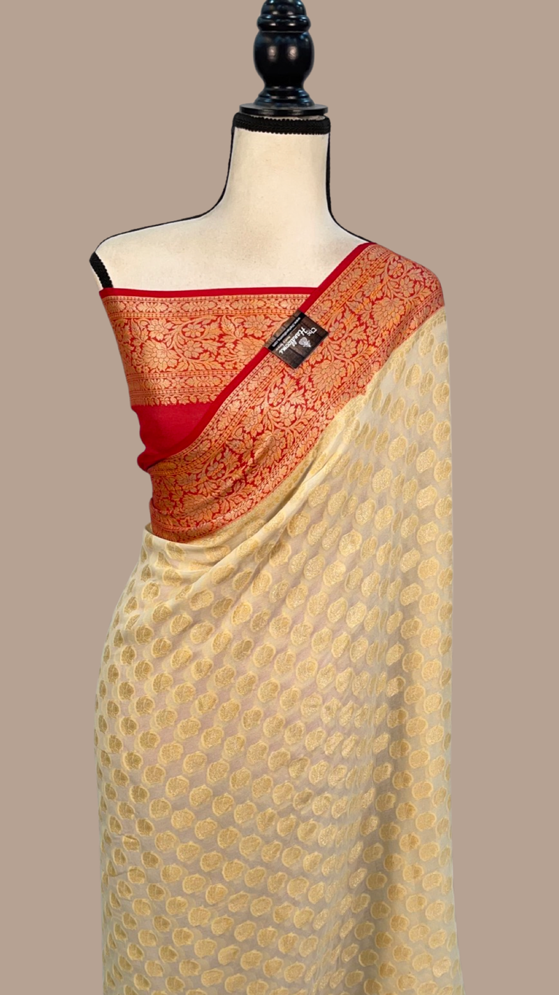 Off-white with Red Pure Chiffon Khaddi Banarasi Saree - The Handlooms