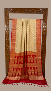 Off-white with Red Pure Chiffon Khaddi Banarasi Saree - The Handlooms