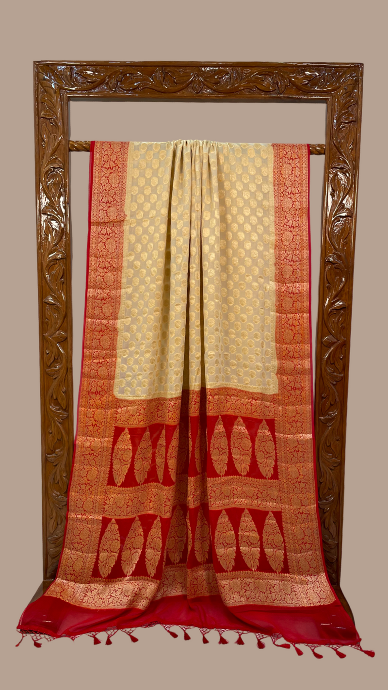 Off-white with Red Pure Chiffon Khaddi Banarasi Saree - The Handlooms