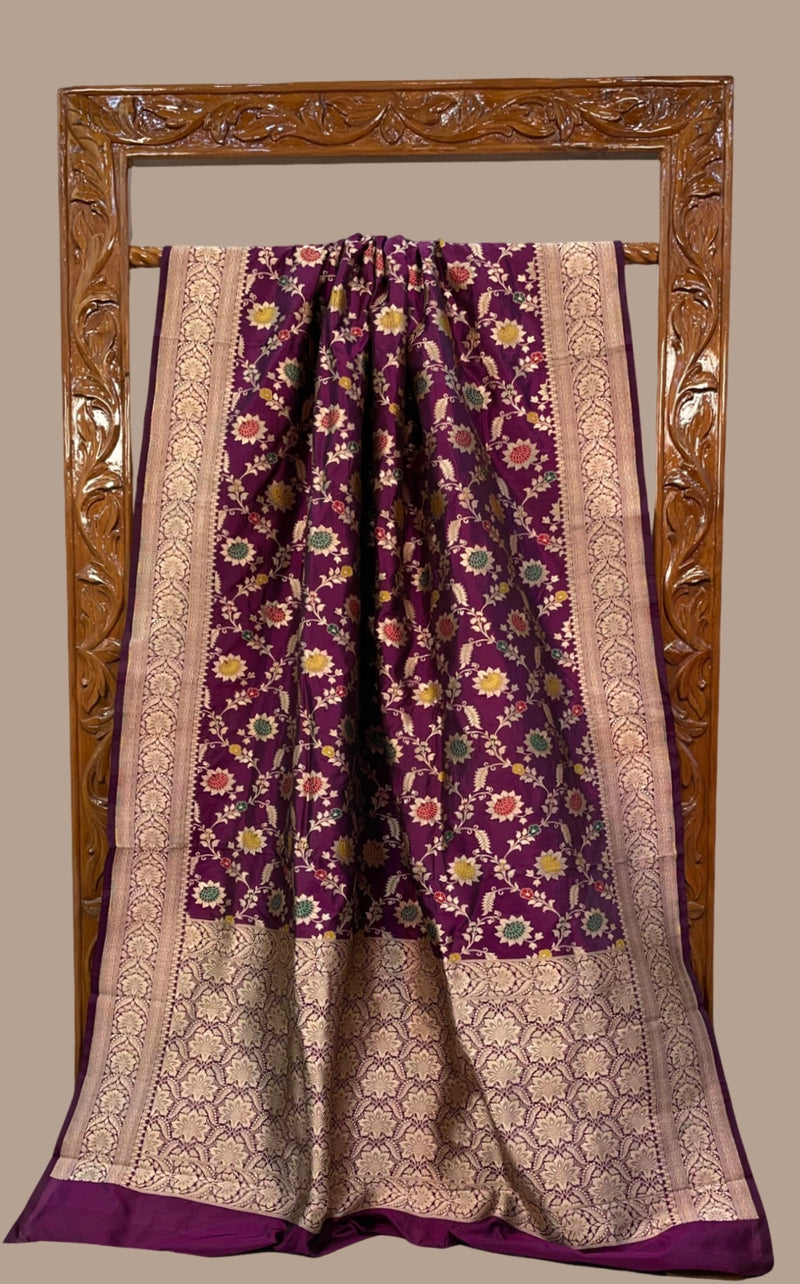 Dark Purple Pure Katan Silk Banarasi Handloom Saree - All over Jaal work with meenakari - The Handlooms