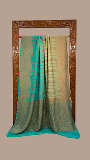 Turquoise and Pista Pure Khaddi Georgette Handloom Banarasi Saree - The Handlooms