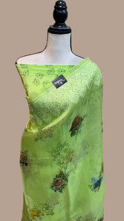 Pure Organza Chikankari Handloom Banarasi Saree with digital print - The Handlooms
