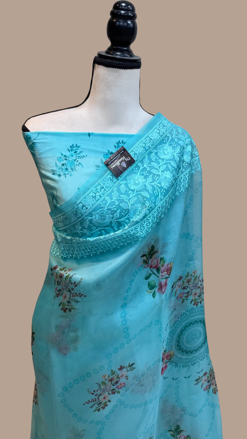 Pure Organza Digital Print with Chikankari Handloom Banarasi Saree - The Handlooms