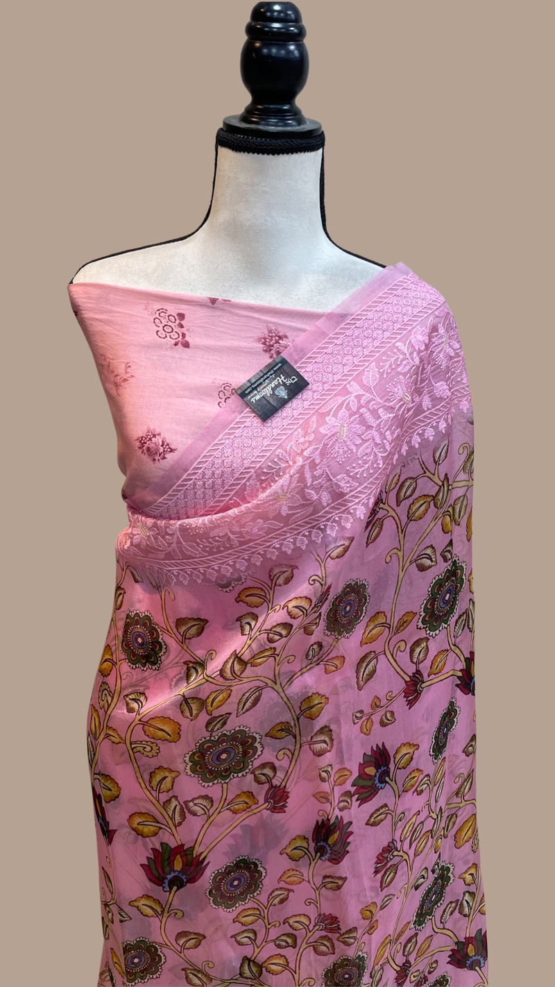 Pure Organza Digital Print with Chikankari Handloom Banarasi Saree - The Handlooms