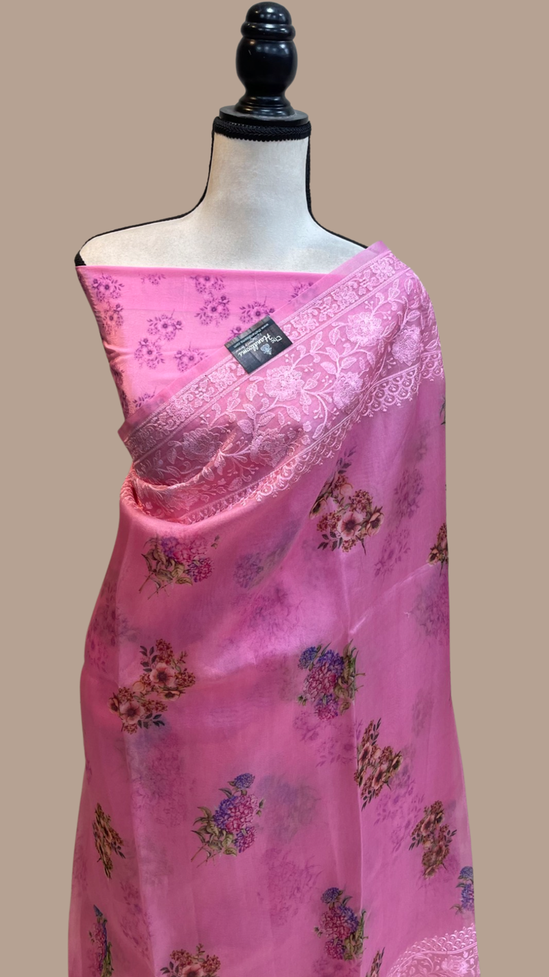 Pure Organza Digital Print with Chikankari Handloom Banarasi Saree - The Handlooms