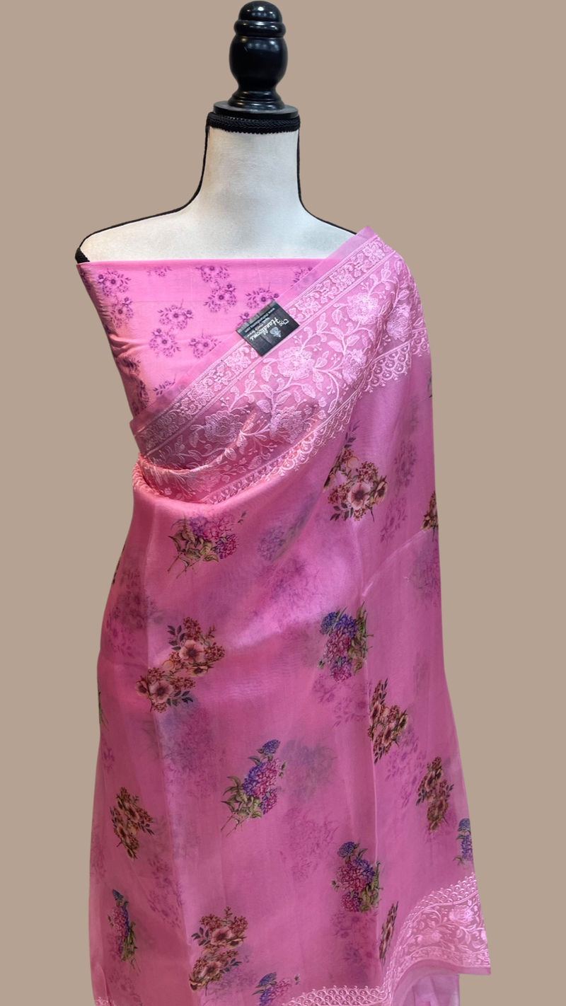 Pure Organza Digital Print with Chikankari Handloom Banarasi Saree - The Handlooms