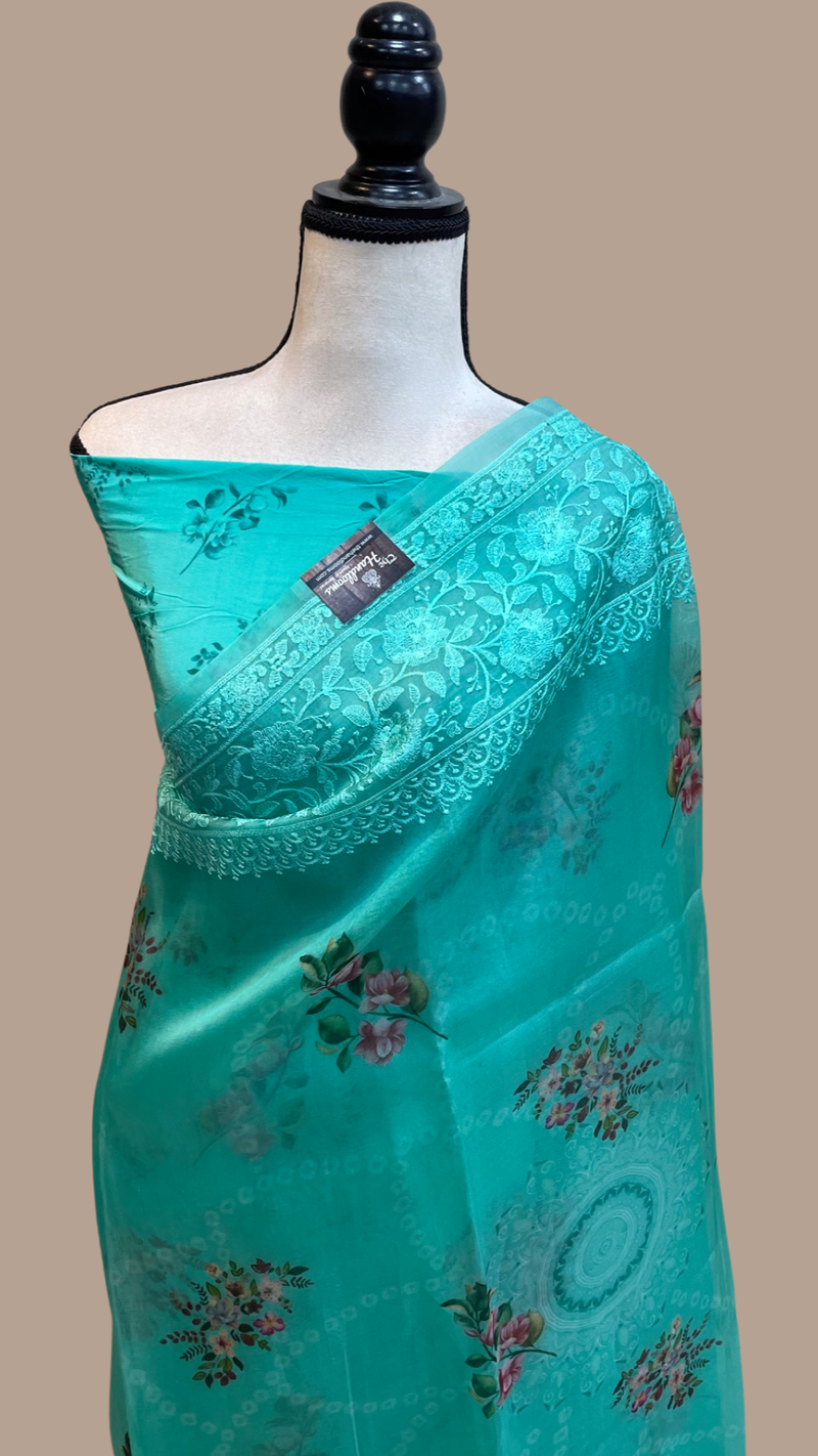 Pure Organza Digital Print with Chikankari Handloom Banarasi Saree - The Handlooms