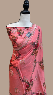 Pure Georgette Chikankari With Digital print Handloom Banarasi Saree - The Handlooms
