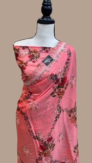 Pure Georgette Chikankari With Digital print Handloom Banarasi Saree - The Handlooms