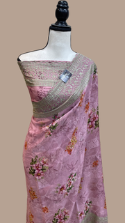 Pure Georgette Chikankari With Digital print Handloom Banarasi Saree - The Handlooms