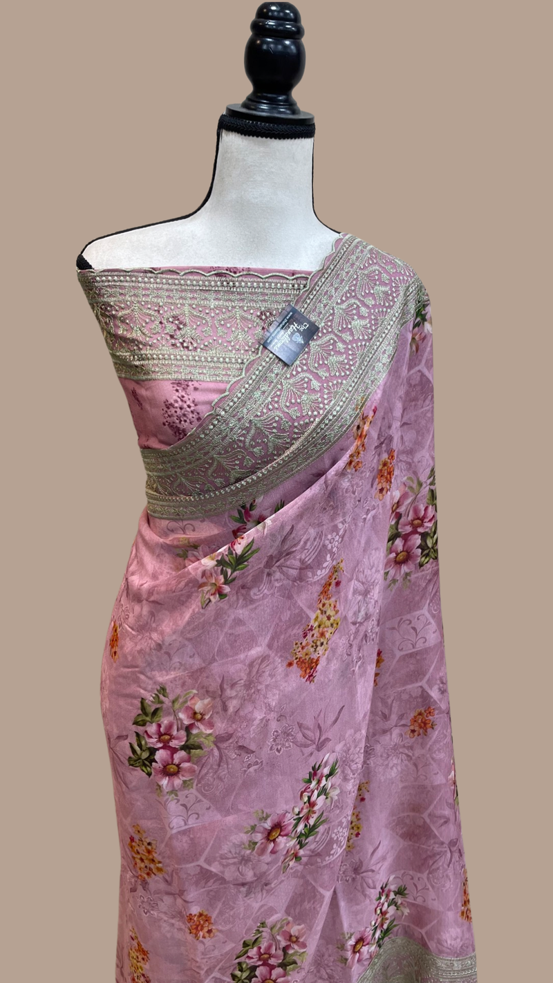 Pure Georgette Chikankari With Digital print Handloom Banarasi Saree - The Handlooms