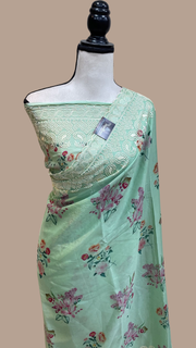 Pure Georgette Chikankari With Digital print Handloom Banarasi Saree - The Handlooms