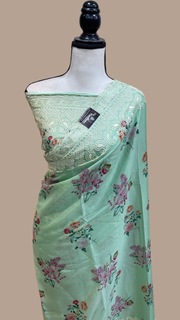 Pure Georgette Chikankari With Digital print Handloom Banarasi Saree - The Handlooms