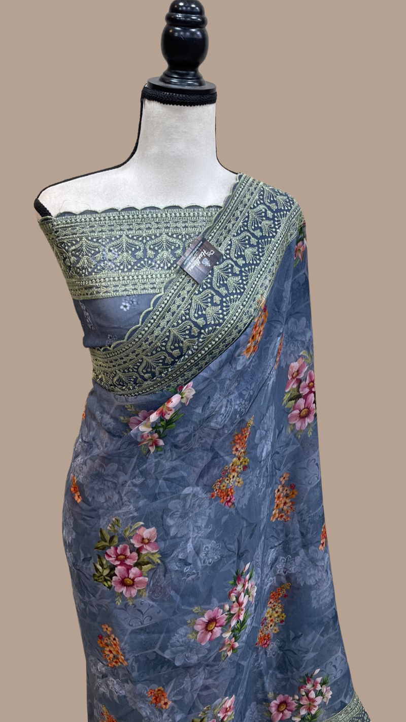 Pure Georgette Chikankari With Digital print Handloom Banarasi Saree - The Handlooms