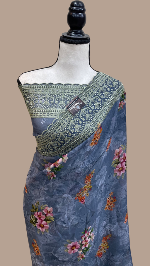 Pure Georgette Chikankari With Digital print Handloom Banarasi Saree - The Handlooms
