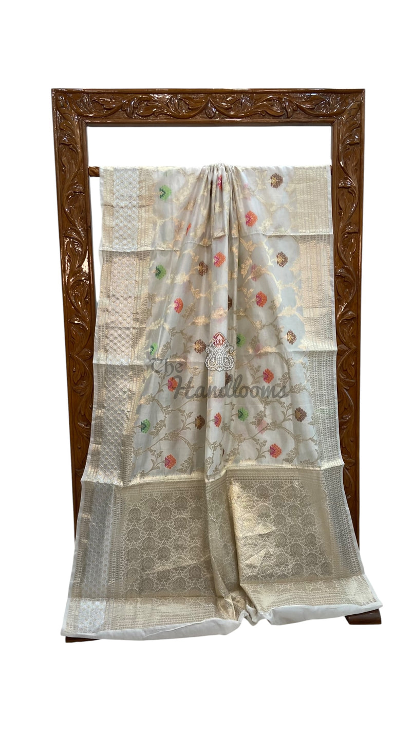 White Pure Mango Silk Banarasi Handloom Saree - The Handlooms