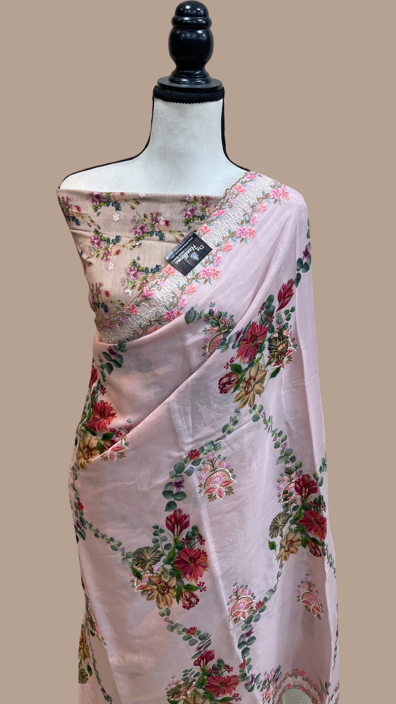 Pure Georgette Chikankari With Digital print Handloom Banarasi Saree - The Handlooms