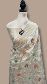 White Pure Mango Silk Banarasi Handloom Saree - The Handlooms