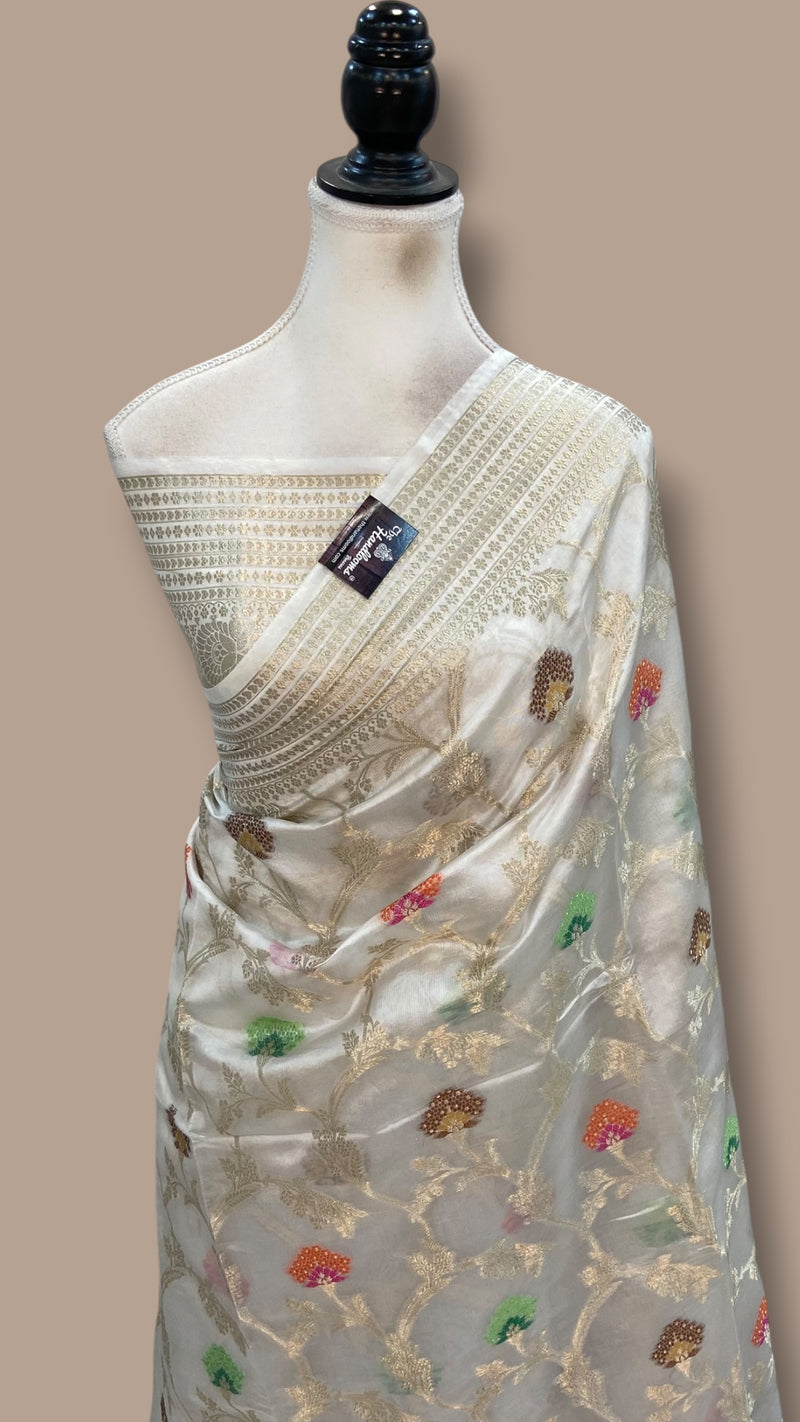 White Pure Mango Silk Banarasi Handloom Saree - The Handlooms