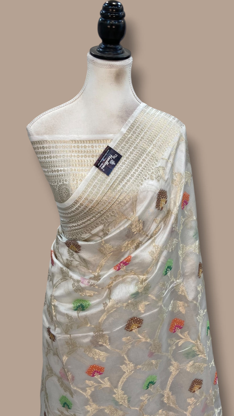 White Pure Mango Silk Banarasi Handloom Saree - The Handlooms