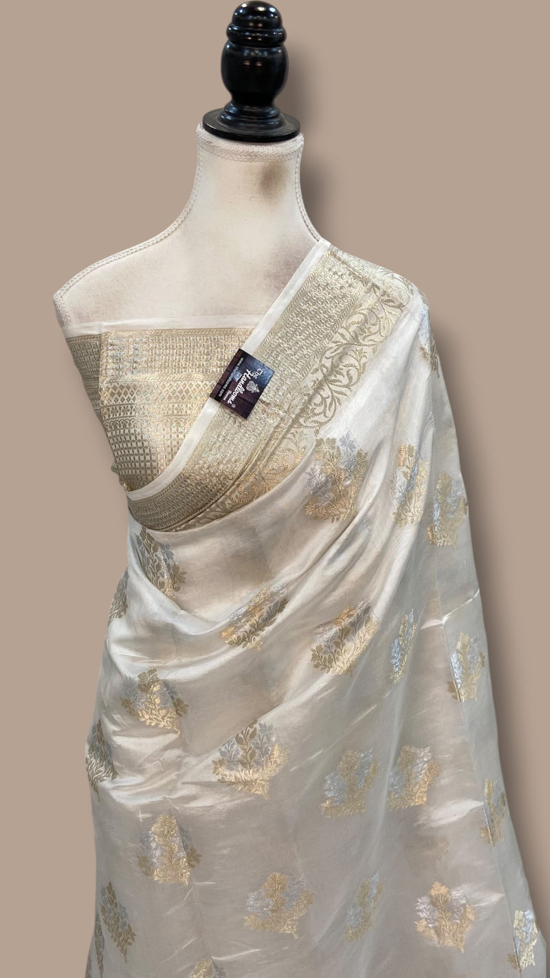 White Pure Mango Silk Banarasi Handloom Saree - The Handlooms