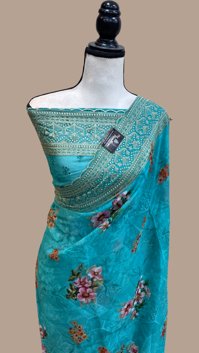 Pure Georgette Chikankari With Digital print Handloom Banarasi Saree - The Handlooms