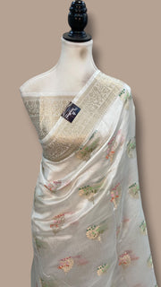 White Pure Mango Silk Banarasi Handloom Saree - The Handlooms