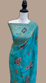 Pure Georgette Chikankari With Digital print Handloom Banarasi Saree - The Handlooms